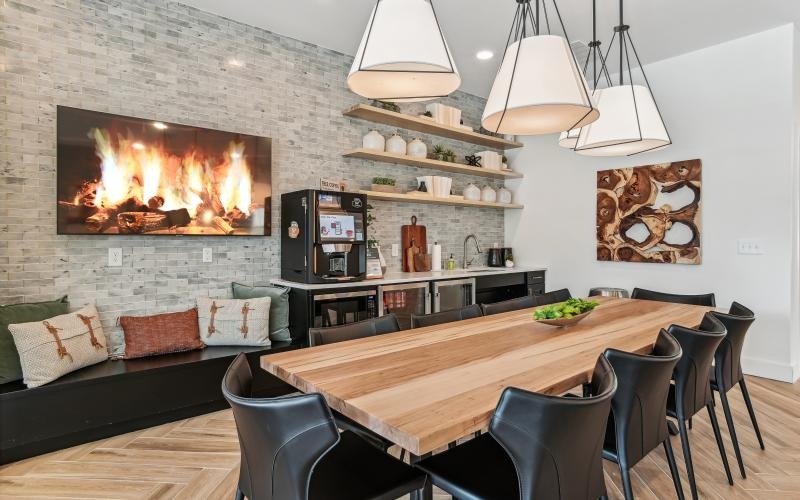 a dining room with a fireplace