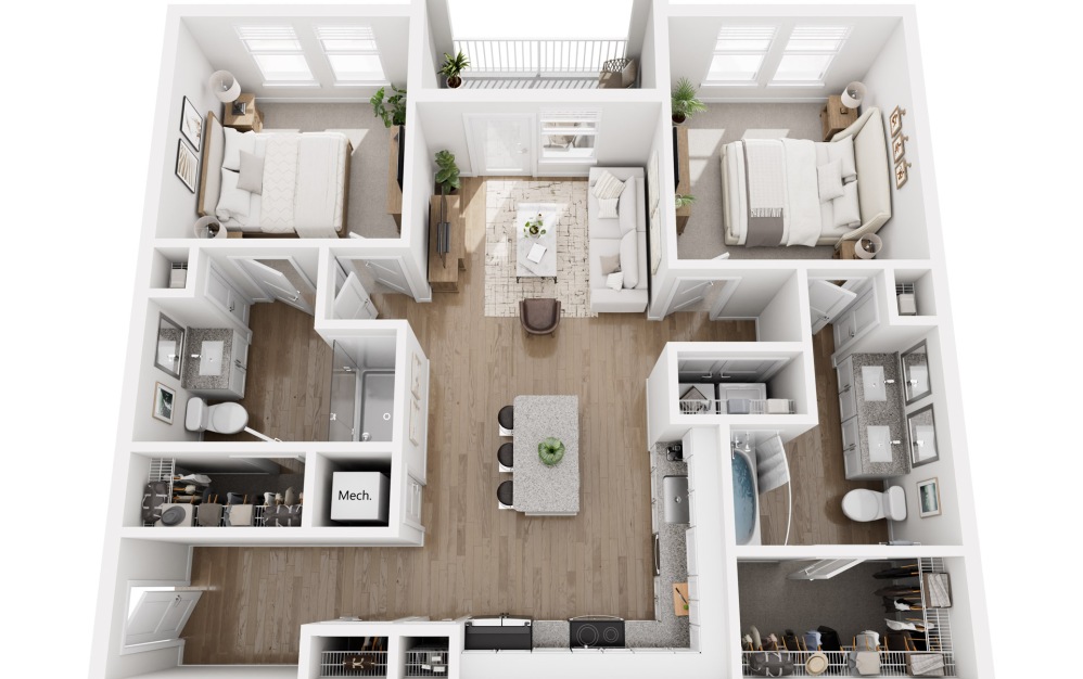 B1 - 2 bedroom floorplan layout with 2 bathrooms and 1067 square feet