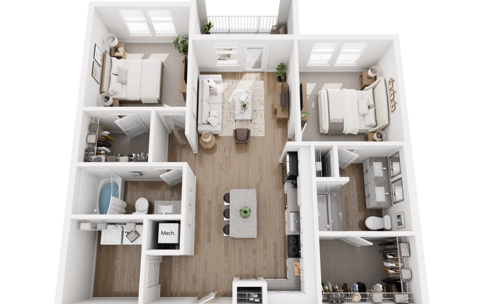 B2 - 2 bedroom floorplan layout with 2 bathrooms and 1135 square feet