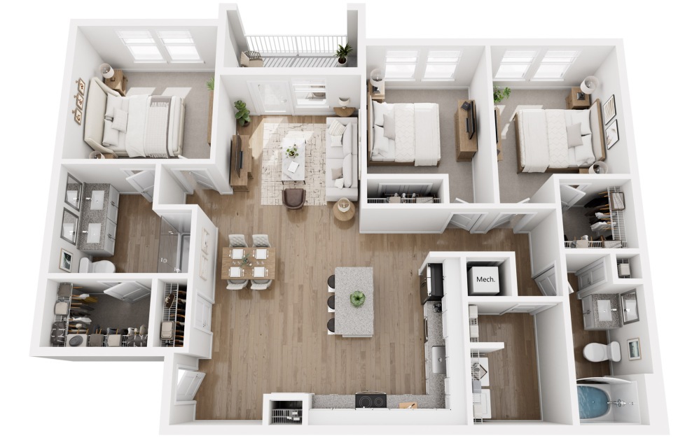 C1 - 3 bedroom floorplan layout with 2 bathrooms and 1368 square feet