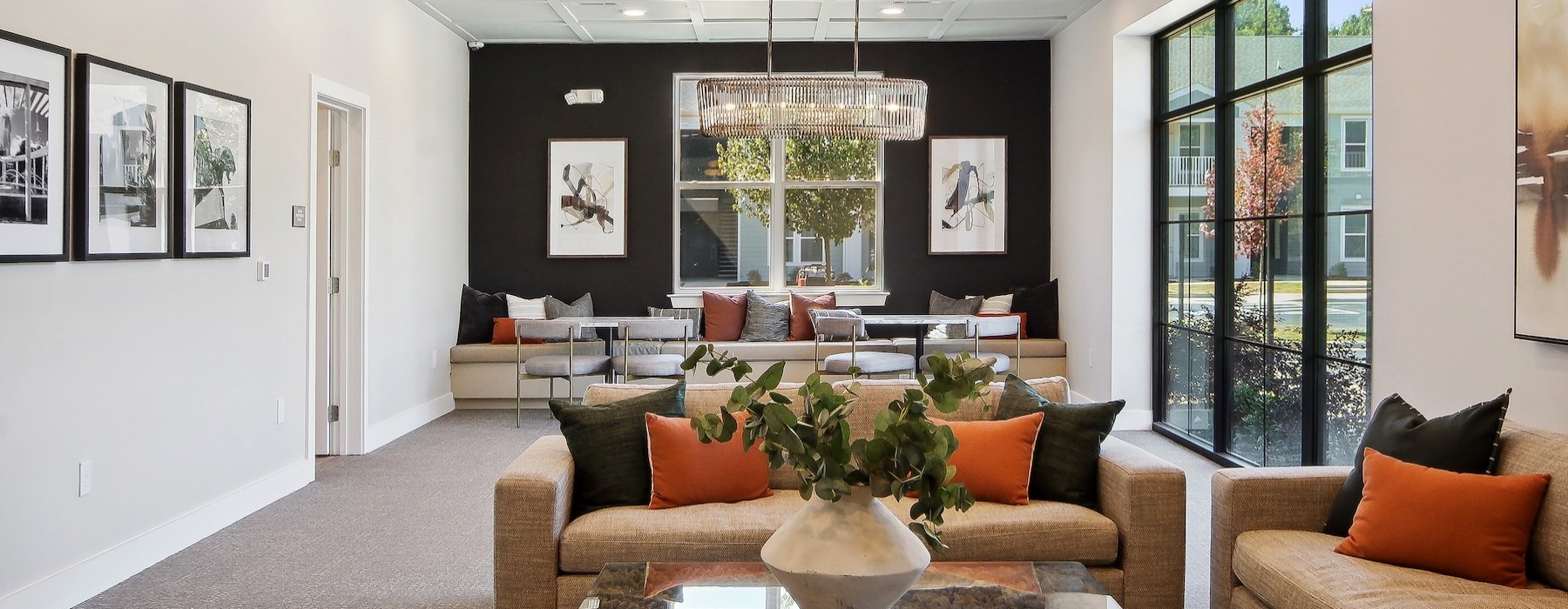 a living room with a large glass door